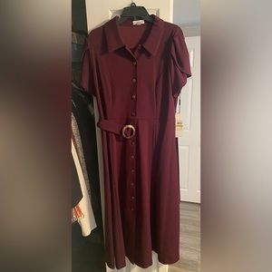 Calvin Klein Tulip Sleeve Button Front Collar Belted A-Line Midi Shirt Dress